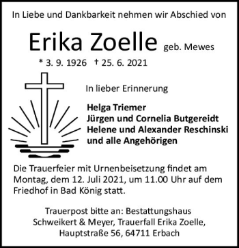 Traueranzeige von Erika Zoelle von vrm-trauer