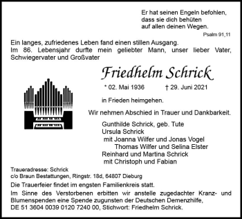 Traueranzeige von Friedhelm Schrick von vrm-trauer