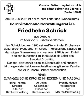 Traueranzeige von Friedhelm Schrick von vrm-trauer