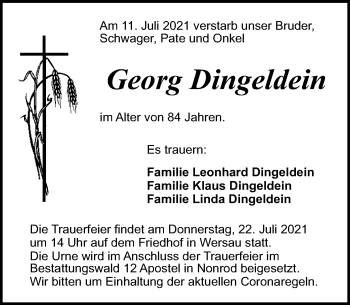 Traueranzeige von Georg Dingeldein von vrm-trauer