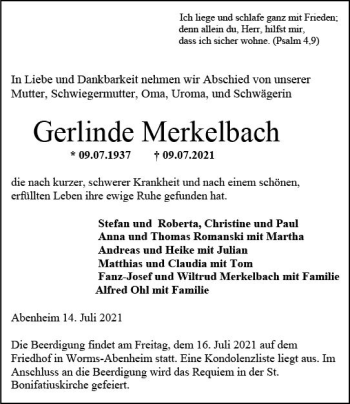 Traueranzeige von Gerlinde Merkelbach von vrm-trauer