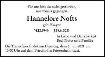 Traueranzeige von Hannelore Nofts von vrm-trauer