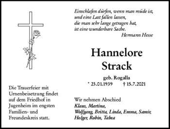 Traueranzeige von Hannelore Strack von vrm-trauer