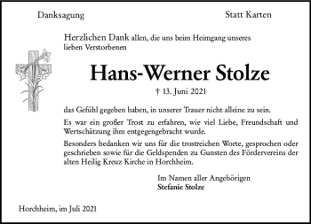 Traueranzeige von Hans-Werner Stolze von vrm-trauer