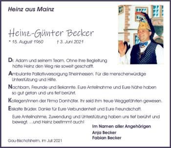 Traueranzeige von Heinz-Günter Becker von vrm-trauer