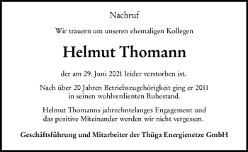 Traueranzeige von Helmut Thomann von vrm-trauer