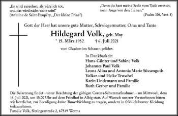 Traueranzeige von Hildegard Volk von vrm-trauer