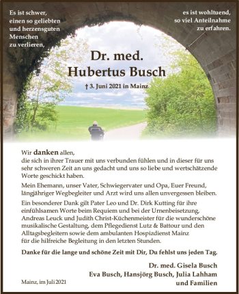 Traueranzeige von Hubertus Busch von vrm-trauer