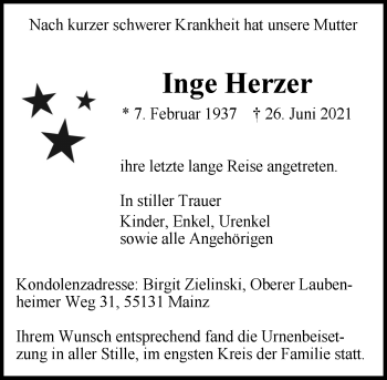 Traueranzeige von Inge Herzer von vrm-trauer