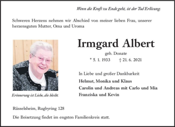 Traueranzeige von Irmgard Albert von vrm-trauer