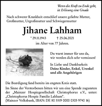 Traueranzeige von Jihane Lahham von vrm-trauer