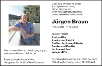 Traueranzeige von Jürgen Braun von vrm-trauer