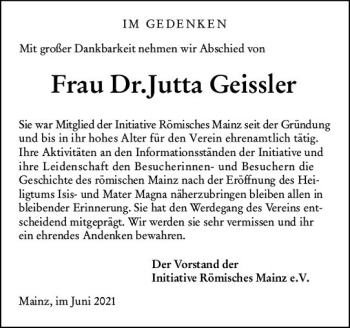 Traueranzeige von Jutta Geissler von vrm-trauer