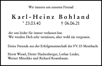 Traueranzeige von Karl-Heinz Bohland von vrm-trauer