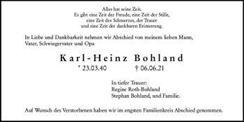 Traueranzeige von Karl-Heinz Bohland von vrm-trauer