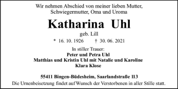 Traueranzeige von Katharina Uhl von vrm-trauer