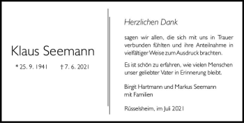 Traueranzeige von Klaus Seemann von vrm-trauer