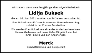 Traueranzeige von Lidija Buksek von vrm-trauer
