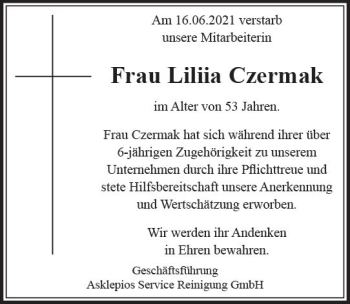 Traueranzeige von Liliia Czermak von vrm-trauer
