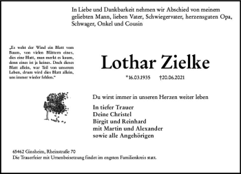 Traueranzeige von Lothar Zielke von vrm-trauer