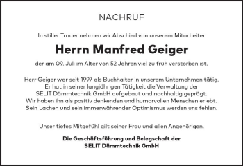 Traueranzeige von Manfred Geiger von vrm-trauer
