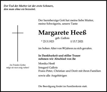 Traueranzeige von Margarete Heeß von vrm-trauer