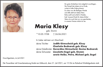 Traueranzeige von Maria Klesy von vrm-trauer