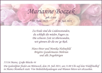 Traueranzeige von Marianne Boczek von vrm-trauer