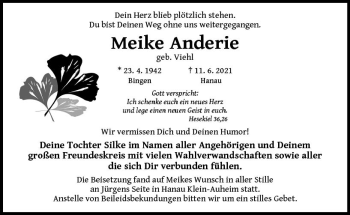 Traueranzeige von Meike Anderie von vrm-trauer
