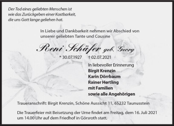 Traueranzeige von Reni Schäfer von vrm-trauer