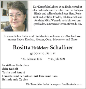 Traueranzeige von Rositta Heidelore Schaffner von vrm-trauer