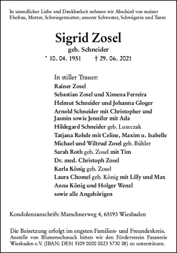 Traueranzeige von Sigrid Zosel von vrm-trauer