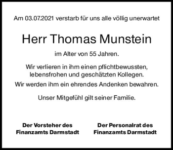 Traueranzeige von Thomas Munstein von vrm-trauer