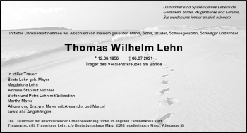 Traueranzeige von Thomas Wilhelm Lehn von vrm-trauer