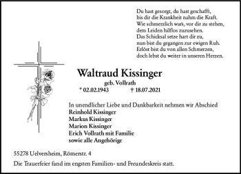 Traueranzeige von Waltraud Kissinger von vrm-trauer