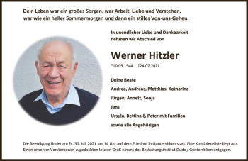Traueranzeige von Werner Hitzler von vrm-trauer
