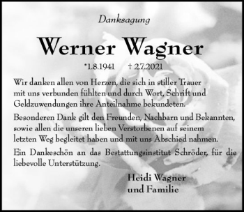 Traueranzeige von Werner Wagner von vrm-trauer