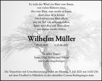 Traueranzeige von Wilhelm Müller von vrm-trauer