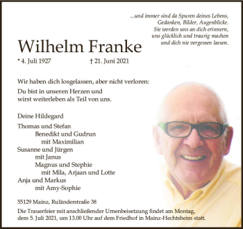 Traueranzeige von Wilhem Franke von vrm-trauer