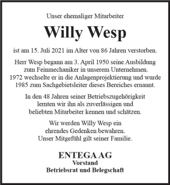 Traueranzeige von Willy Wesp von vrm-trauer