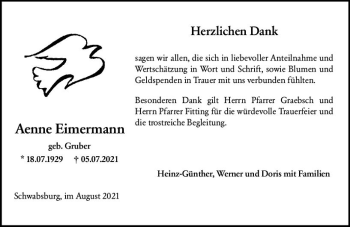 Traueranzeige von Aenne Eimermann von vrm-trauer