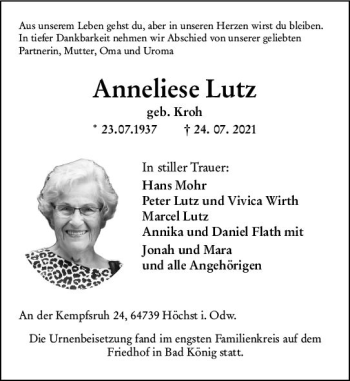 Traueranzeige von Anneliese Lutz von vrm-trauer