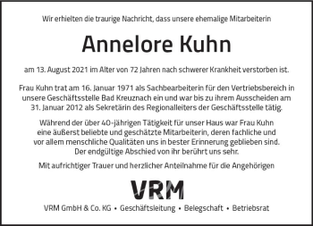 Traueranzeige von Annelore Kuhn von vrm-trauer