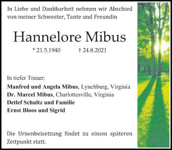 Traueranzeige von Hannelore Mibus von VRM Tageszeitungen