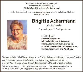 Traueranzeige von Brigitte Ackermann von vrm-trauer