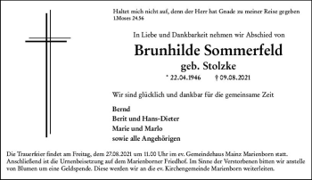 Traueranzeige von Brunhilde Sommerfeld von vrm-trauer