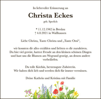Traueranzeige von Christa Eckes von vrm-trauer