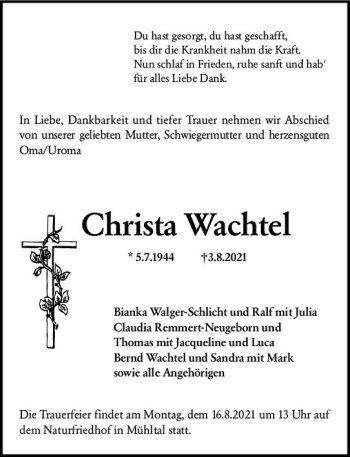 Traueranzeige von Christa Wachtel von vrm-trauer