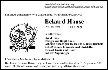 Traueranzeige von Eckard Haase von vrm-trauer
