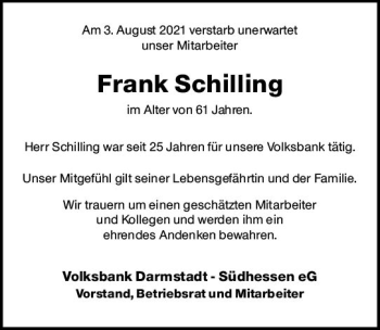 Traueranzeige von Frank Schilling von vrm-trauer